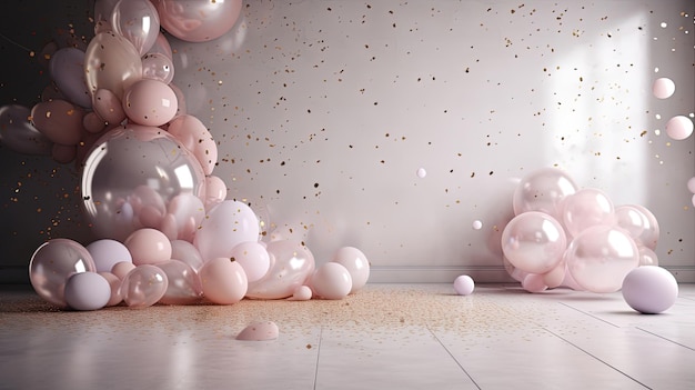 Ballons roses dans une pièce avec des paillettes d'or sur le mur