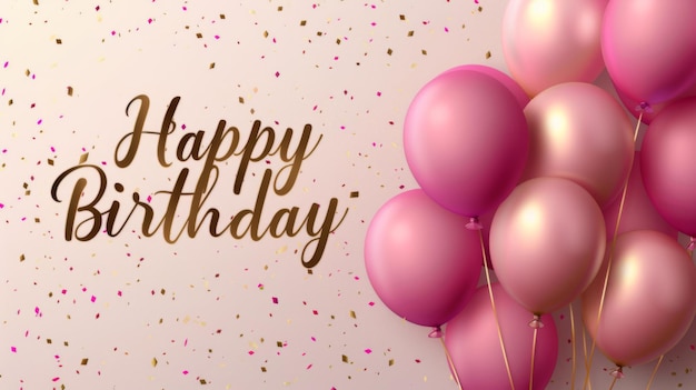 Des ballons roses élégants et vibrants pour le dessin d'arrière-plan de la félicitation d'anniversaire en or.