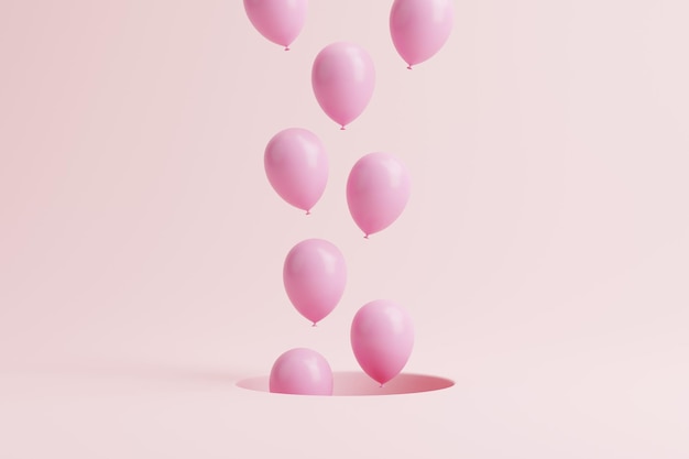 Des ballons roses flottant hors du trou sur un fond rose pastel illustration de rendu 3D