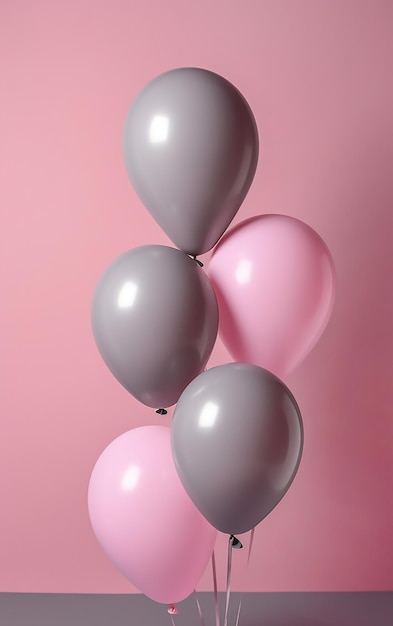 Ballons roses et gris sur fond rose