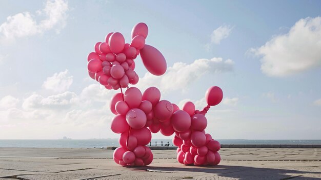 Photo des ballons roses sur la plage avec des gens en arrière-plan