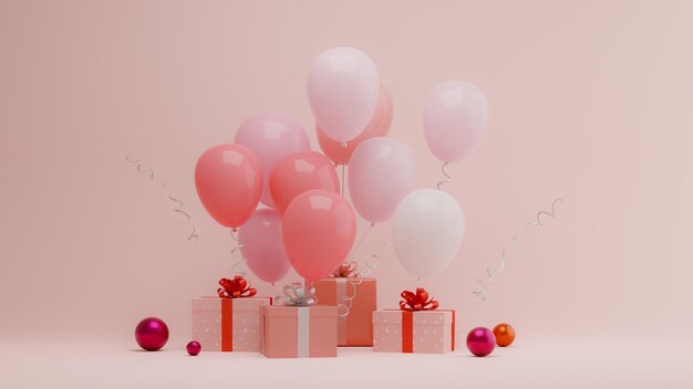 Des ballons roses sont suspendus à des coffrets cadeaux roses, rendu 3D