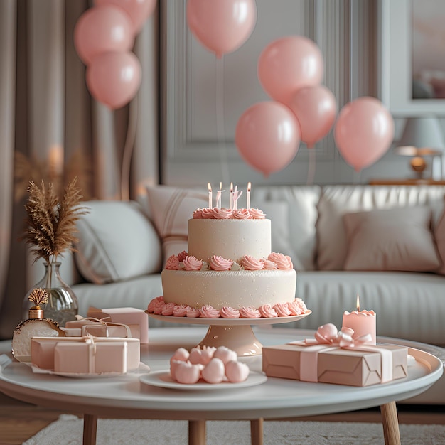 Ballons roses sur table avec gâteau