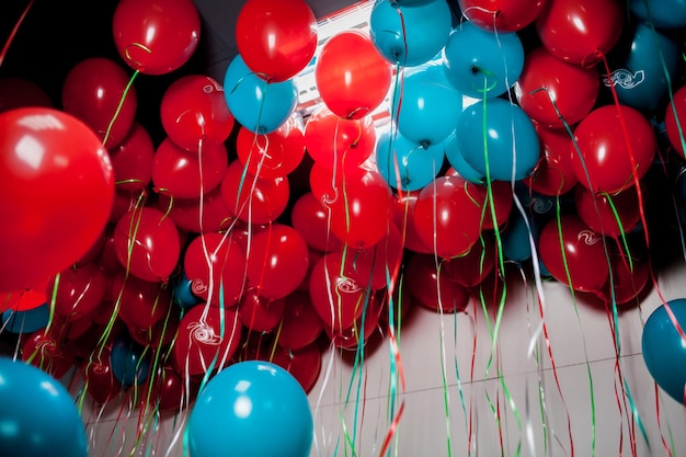 ballons rouges et bleus sous le plafond de nombreux ballons rouges et bleus pour une carte de voeux