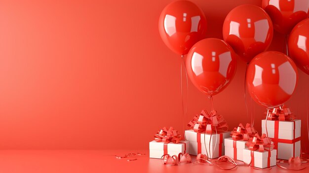 Des ballons rouges et des cadeaux sur un fond rose