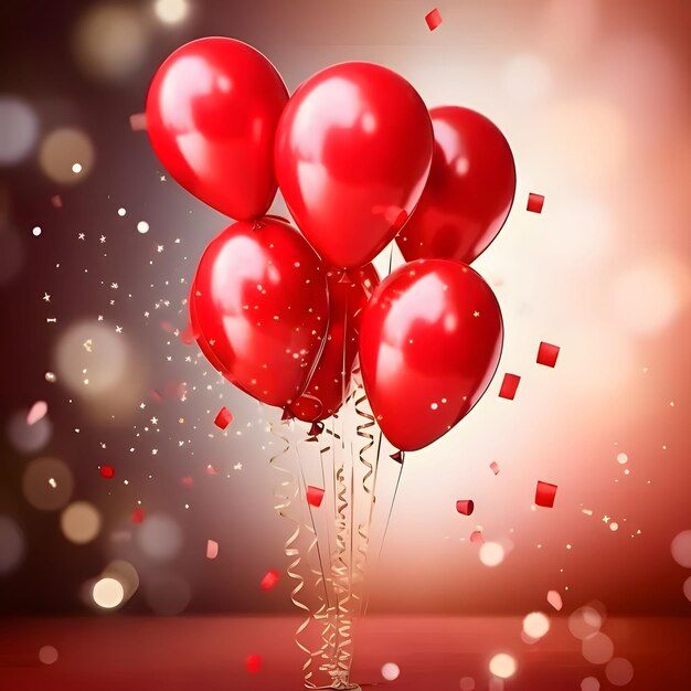 Des ballons rouges sur fond rouge confetti tout autour de la fête du Nouvel An et des célébrations