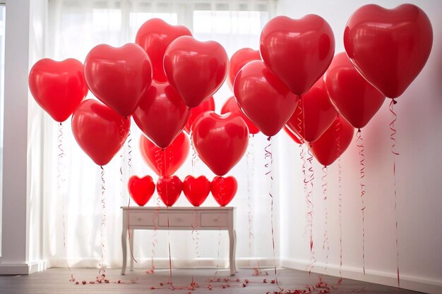 Des ballons rouges en forme de cœur sur une chaise en bois blanc dans une pièce