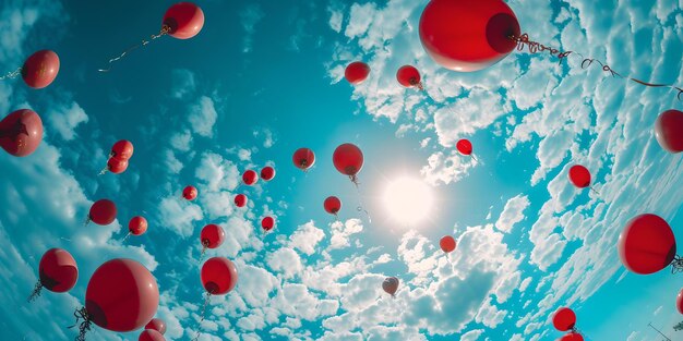 Des ballons rouges volant dans le ciel bleu clair couleurs vives scène joyeuse célébration et concept de liberté IA