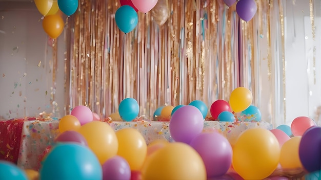 Ballons et rubans colorés lors d'une fête d'anniversaire dans un restaurant