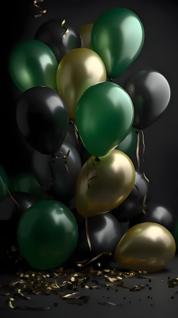 Des ballons verts et noirs autour de bandes et des confettis sur un fond sombre Espace pour votre propre contenu fête du Nouvel An et célébrations