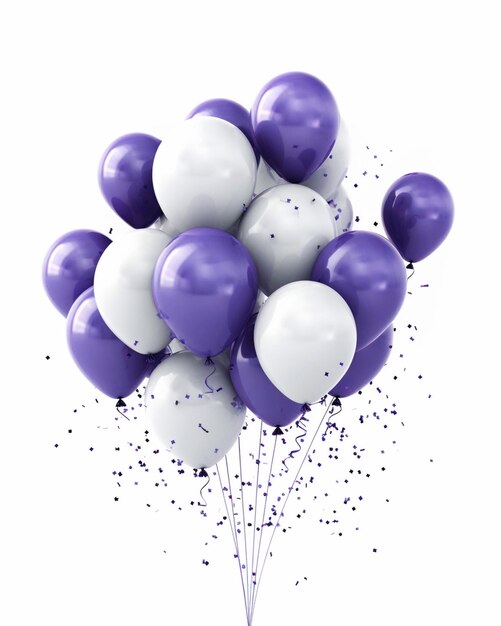 Ballons violets et blancs avec des confettis sur fond blanc isolé