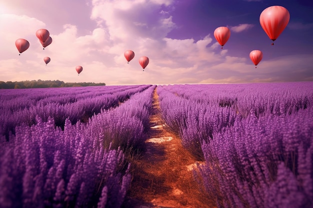 Ballons violets dans le champ de lavande