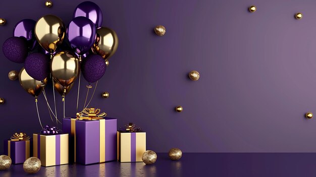 Photo ballons violets et dorés avec une feuille d'or sur un fond violet