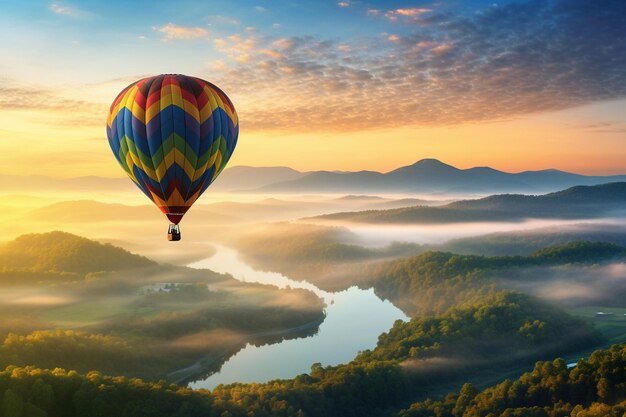 Photo des balons à air chaud paisibles sur des paysages de patchwork à l'aube