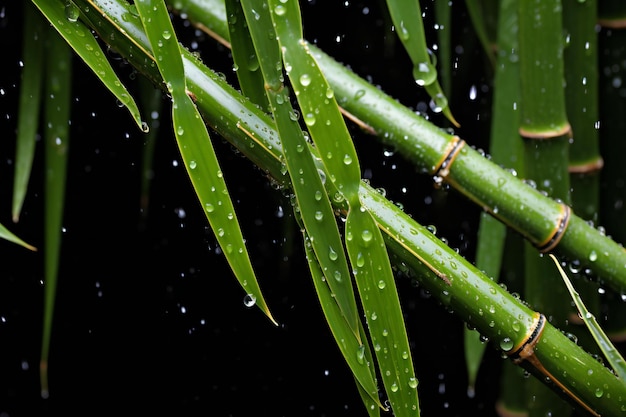 Photo bambou avec des gouttes de pluie sur fond noir