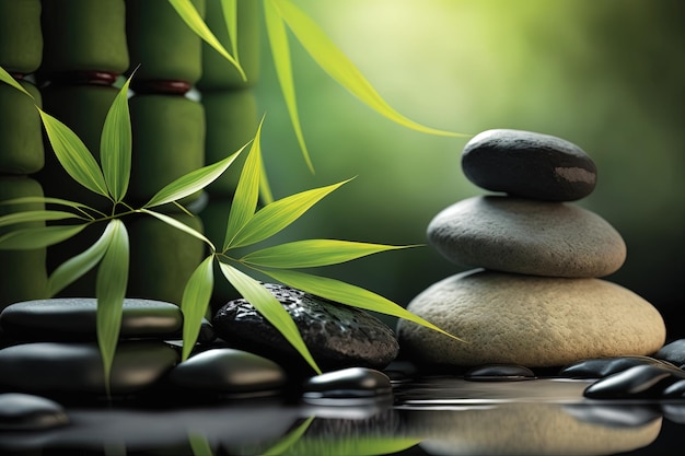 Photo bambou et pierres dans un spa de bien-être generative ai zen stones et bamboo sur l'eau détendez-vous au concept de spa