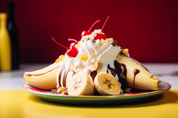 Banana split sur une assiette avec cerise sur le dessus et chocolat dans un arrière-plan flou