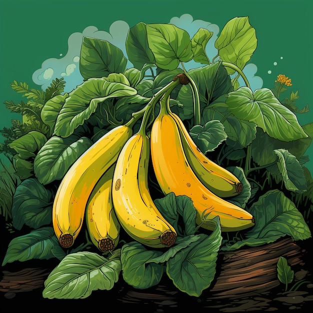 Banane aquarelle avec illustration de feuille de banane générée avec l'IA