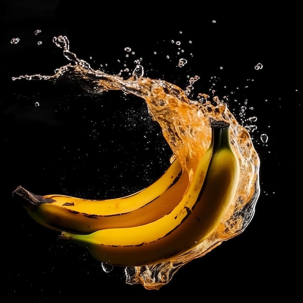 Banane dans les éclaboussures d'eau sur fond noir isolé