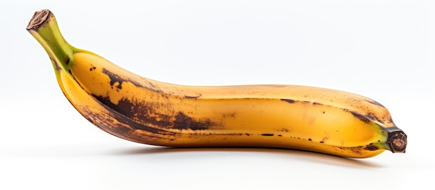 Une banane gâtée et noire peut être vue sur un fond blanc Elle a une tache brune et est