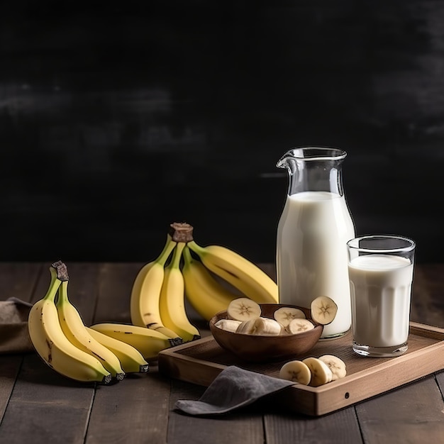 banane et lait sur table en bois