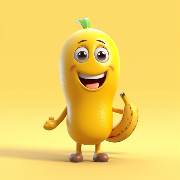 Une banane avec un sourire dessus se tient devant un fond jaune.