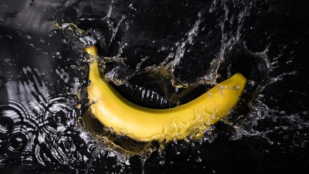 Banane en splash entrant dans l'eau sur fond noir