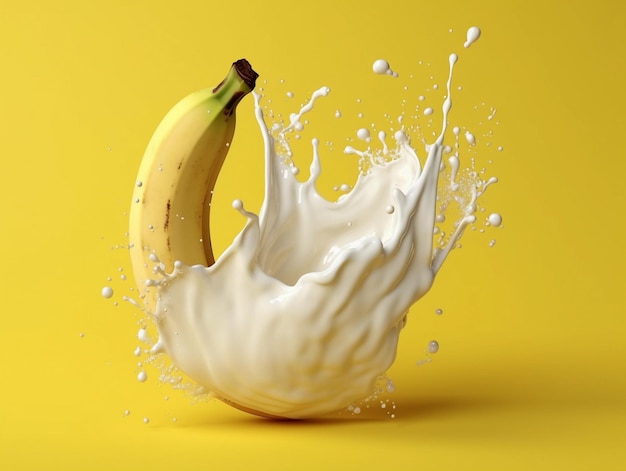 Une banane tombe dans une éclaboussure de lait.