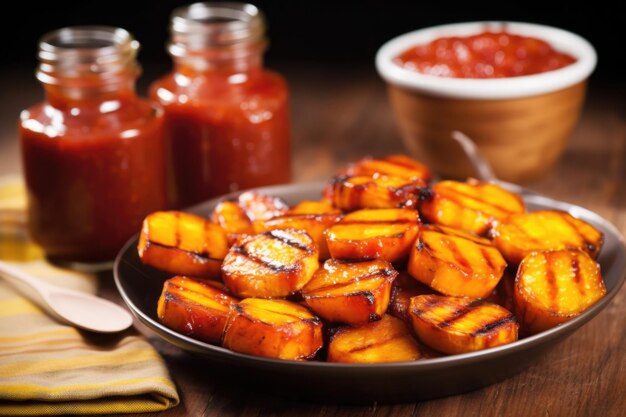 Des bananes fraîchement grillées avec un pot de sauce au barbecue à la mangue sur le côté