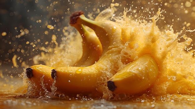 Bananes fraîches éclaboussant dans l'eau avec un mouvement dynamique, photo d'action de fruits tropicaux vibrants, photographie à grande vitesse AI