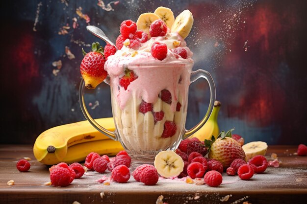 Bananes et framboises dans un milk-shake ou un yogourt