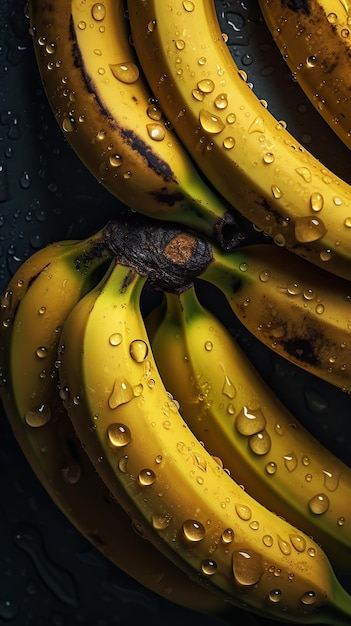 Bananes avec gouttes d'eau sur fond noir