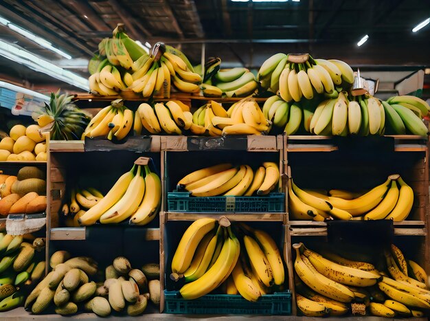 Bananes hyper réalistes en POV avec des couleurs neutres, un éclairage chaleureux et une IA générative confortable générée