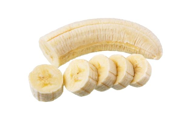 Bananes isolées sur fond blanc Bananes coupées pelées Fruits en tranches de banane