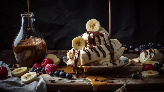 Bananes sur la table avec pépites de chocolat fondu