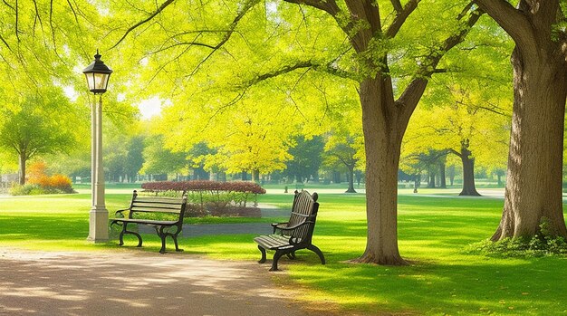 Banc avec arbre et lanterne dans le parc