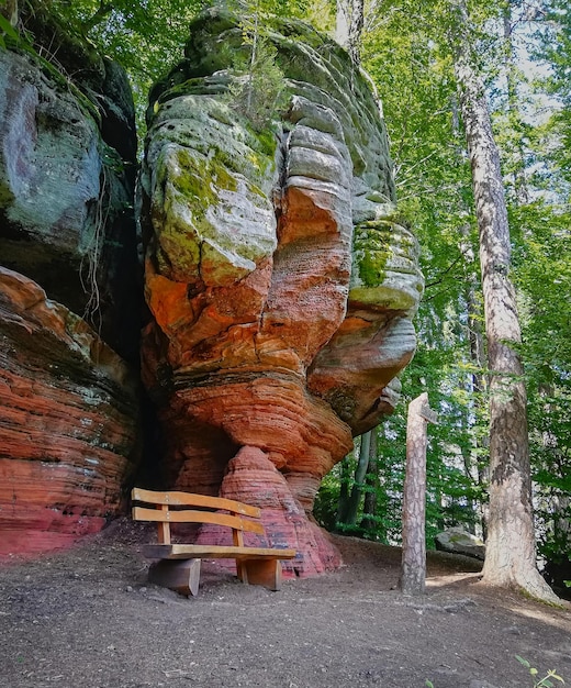 Banc assis sous une formation de grès coloré dans la forêt