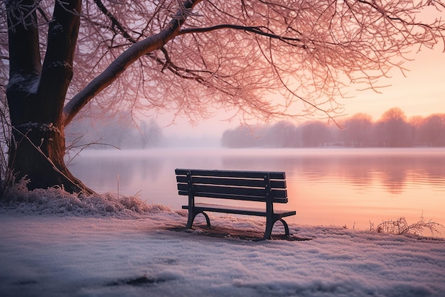 Un banc au bord d’un lac en hiver