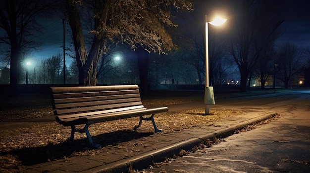 Banc au bord de la route avec un projecteur aérien la nuit généré par ai