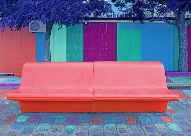 Banc en béton rose corail avec arbre bleu royal et mur en bois coloré en arrière-plan