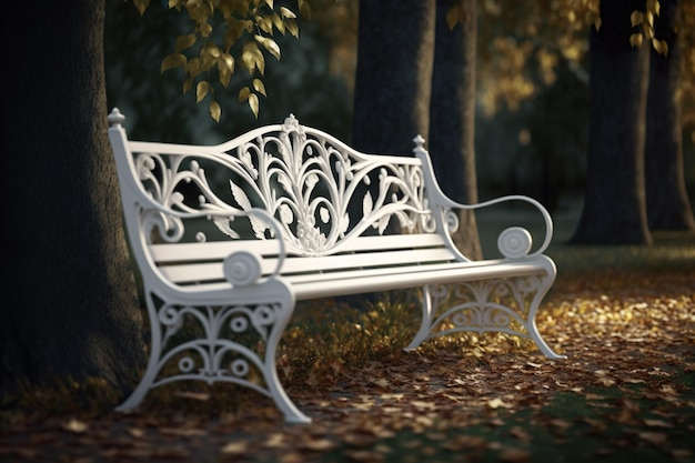 Un banc blanc dans un parc avec des feuilles au sol.