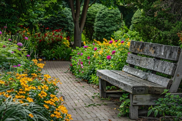 Un banc en bois assis à côté d'un jardin rempli de fleurs