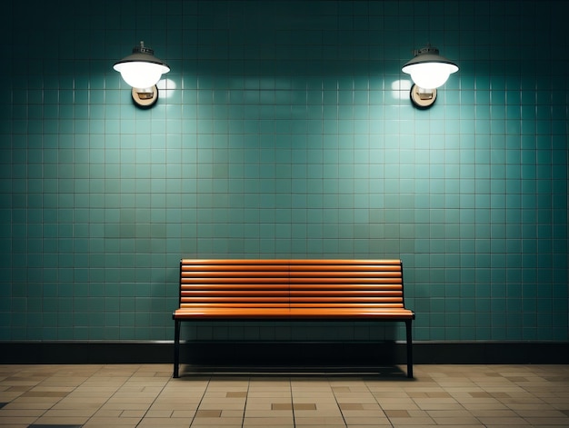 un banc en bois assis devant deux luminaires