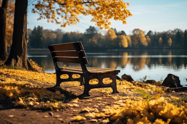 Banc en bois au bord du lac dans le parc d'automne Bannière publicitaire Generative AI