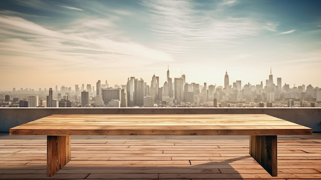 Un banc en bois sur un balcon donnant sur un paysage urbain