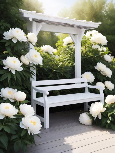 Un banc en bois blanc entouré de péonies blanches