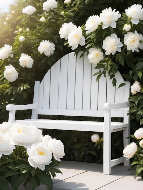 Un banc en bois blanc entouré de péonies blanches