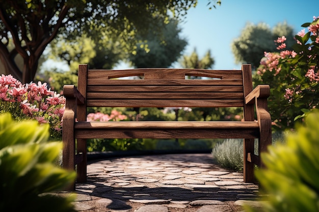 Banc en bois brun avec des plantes à fleurs dans le jardin à Bright Day