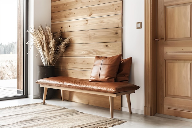 Photo banc en bois avec coussin en cuir brun près de la porte design intérieur scandinave d'entrée moderne