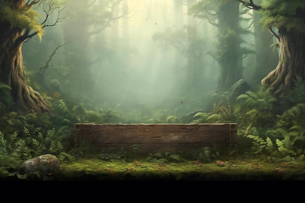 Banc de bois dans la forêt avec du brouillard